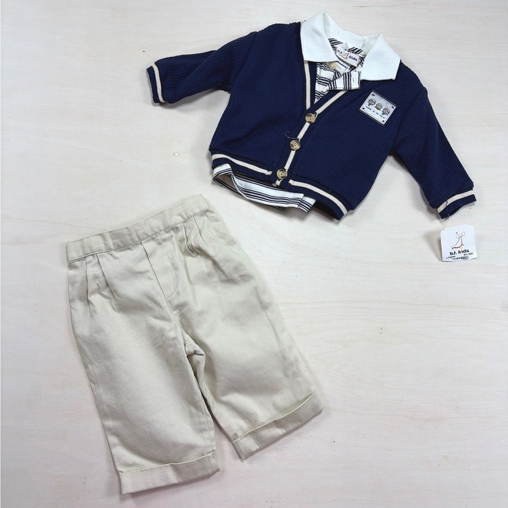 BT Kids Baby Boy 3 Piece Set Navy Cardigan Striped Polo Khaki Pants 3-6 Months